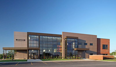 Evan Lloyd Architects provided architectural services for Illinois State Police Federal Credit Union (ISPFCU) in Springfield, Illinois, designing a new 2-story office building. Services included programming, site selection, preliminary design, estimating, color renderings, construction document development, interior design, furniture and artwork selection, landscape design, bidding administration and construction administration.