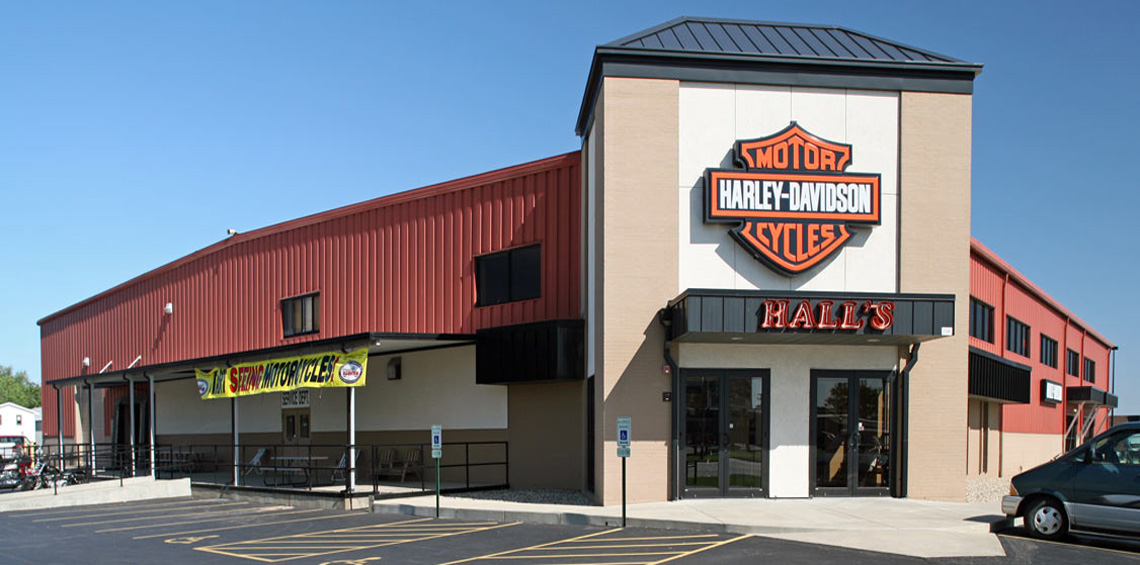 Evan Lloyd Architects provided retail architectural services for Halls Harley Davidson in Springfield, Illinois, with a building renovation from industrial facility to a retail area.